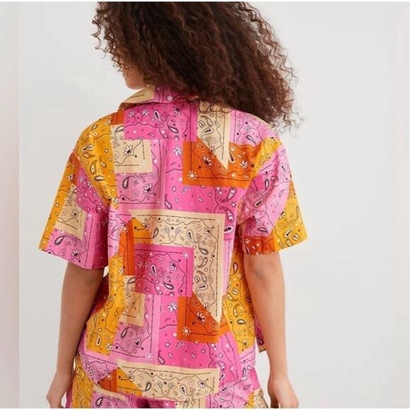 Aerie Women’s Large Poplin Pajama Top Button Front Patchwork Paisley Lounge - Picture 2 of 6